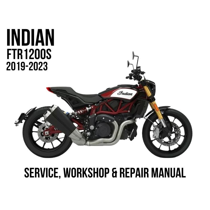 Indian FTR 1200S 2019-2023 motorcycle shown in side profile on a white background, with text reading 'INDIAN FTR 1200S 2019-2023' and 'SERVICE, WORKSHOP & REPAIR MANUAL'.