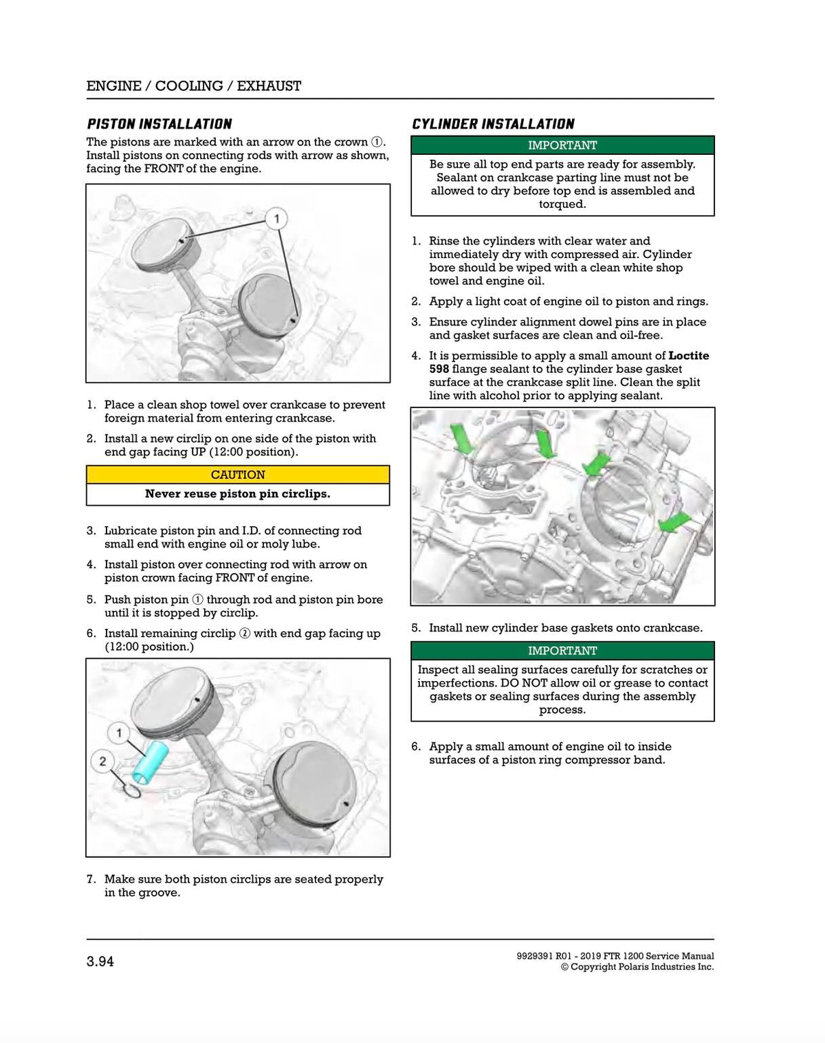 A printed installation manual page with text instructions and small diagrams for piston and cylinder installation, including labeled parts, arrows, and step-by-step guidance on a white background.