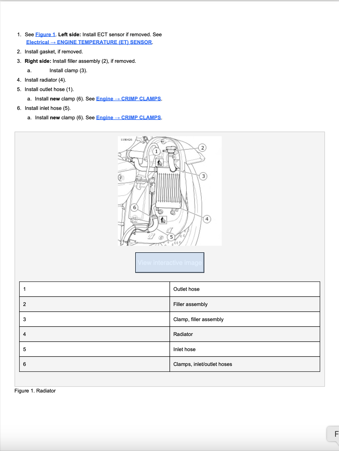 A technical instruction sheet showing a radiator installation diagram with numbered callouts and a reference figure, alongside a small table listing component names such as outlet hose, filter assembly, radiator, and clamp.