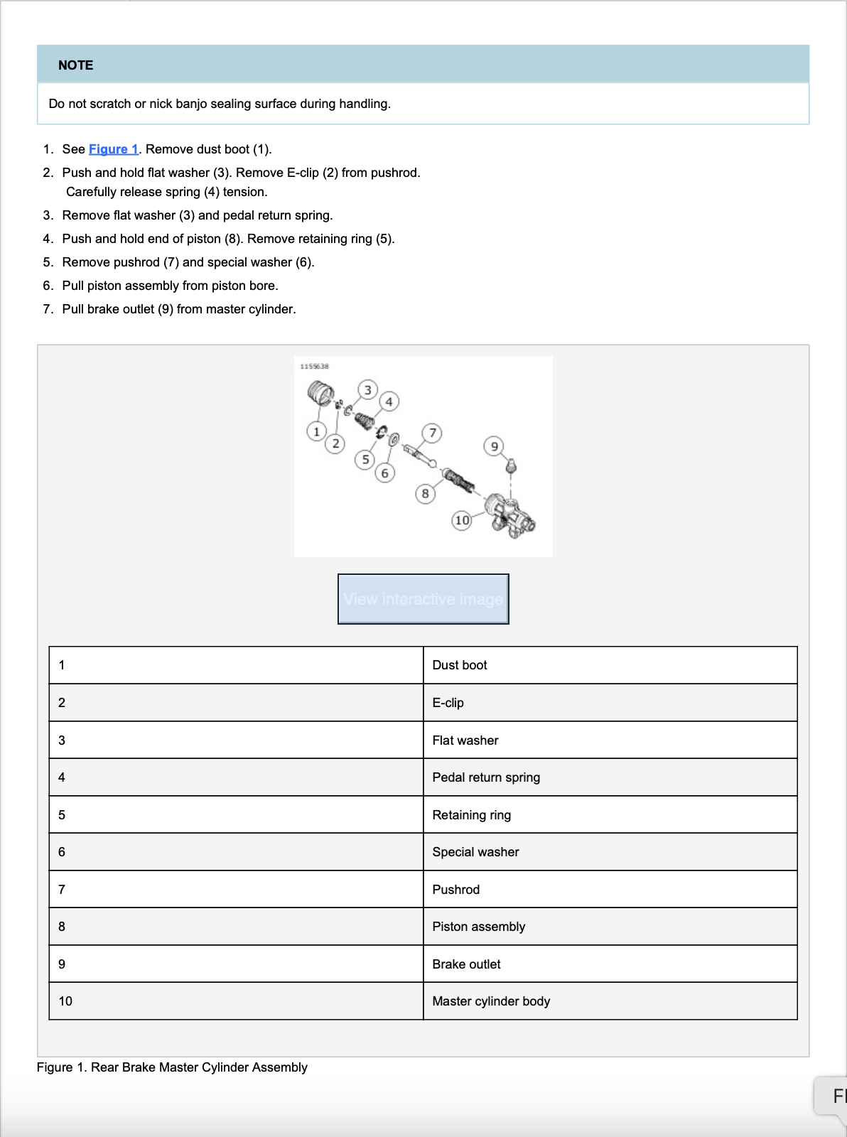 A technical service manual page showing a numbered diagram of a rear brake master cylinder assembly, with a table listing part names and numbers below.