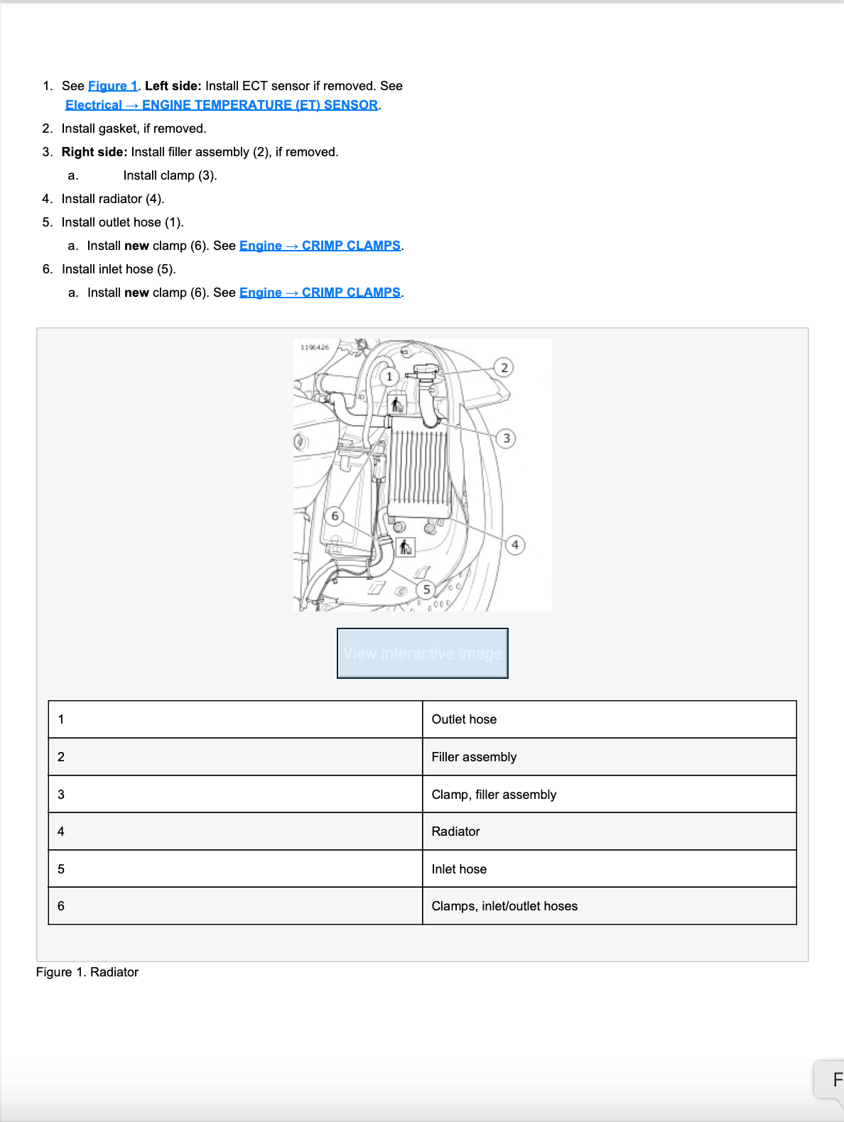 A technical instruction sheet showing a radiator installation diagram with numbered callouts and a reference figure, alongside a small table listing component names such as outlet hose, filter assembly, radiator, and clamp.