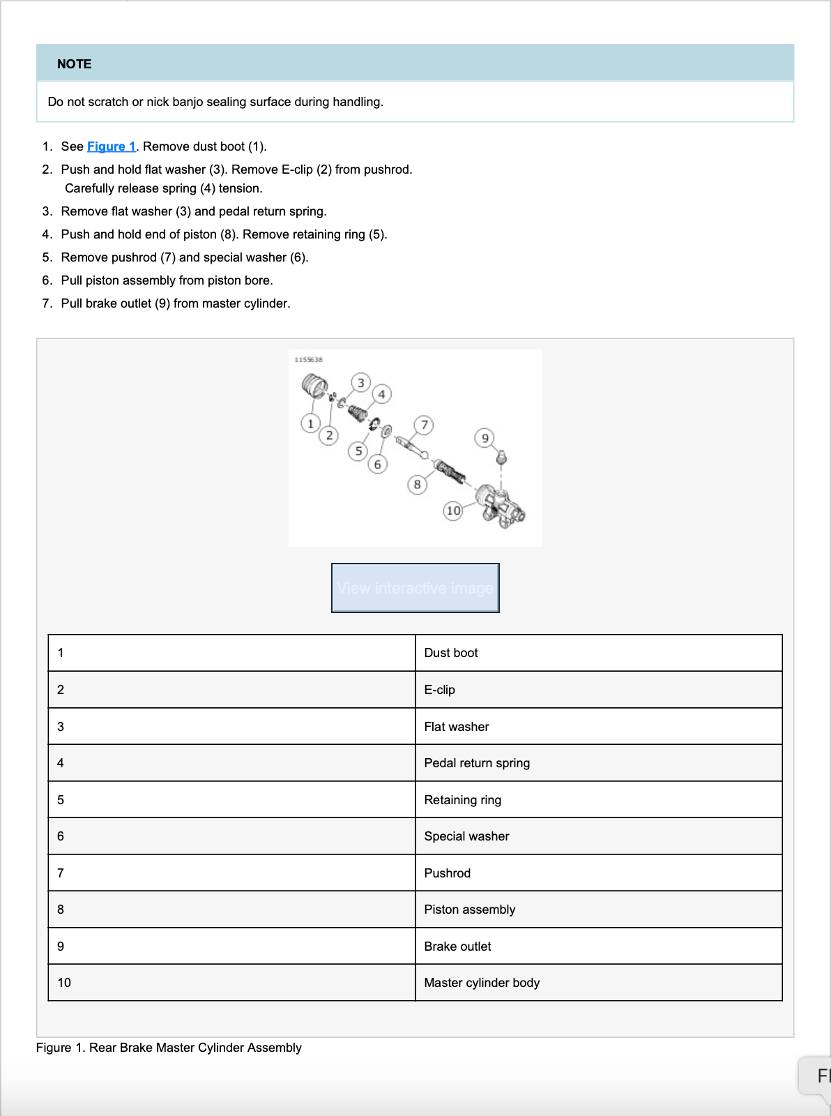 A technical service manual page showing a numbered diagram of a rear brake master cylinder assembly, with a table listing part names and numbers below.