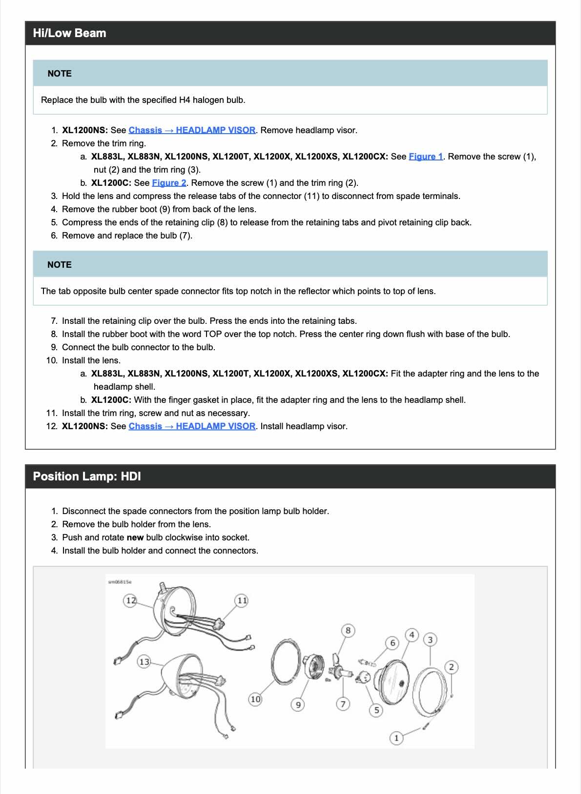 Harley-Davidson Sportster service manual page with headlamp hi/low beam bulb replacement diagram showing lens and retaining clip