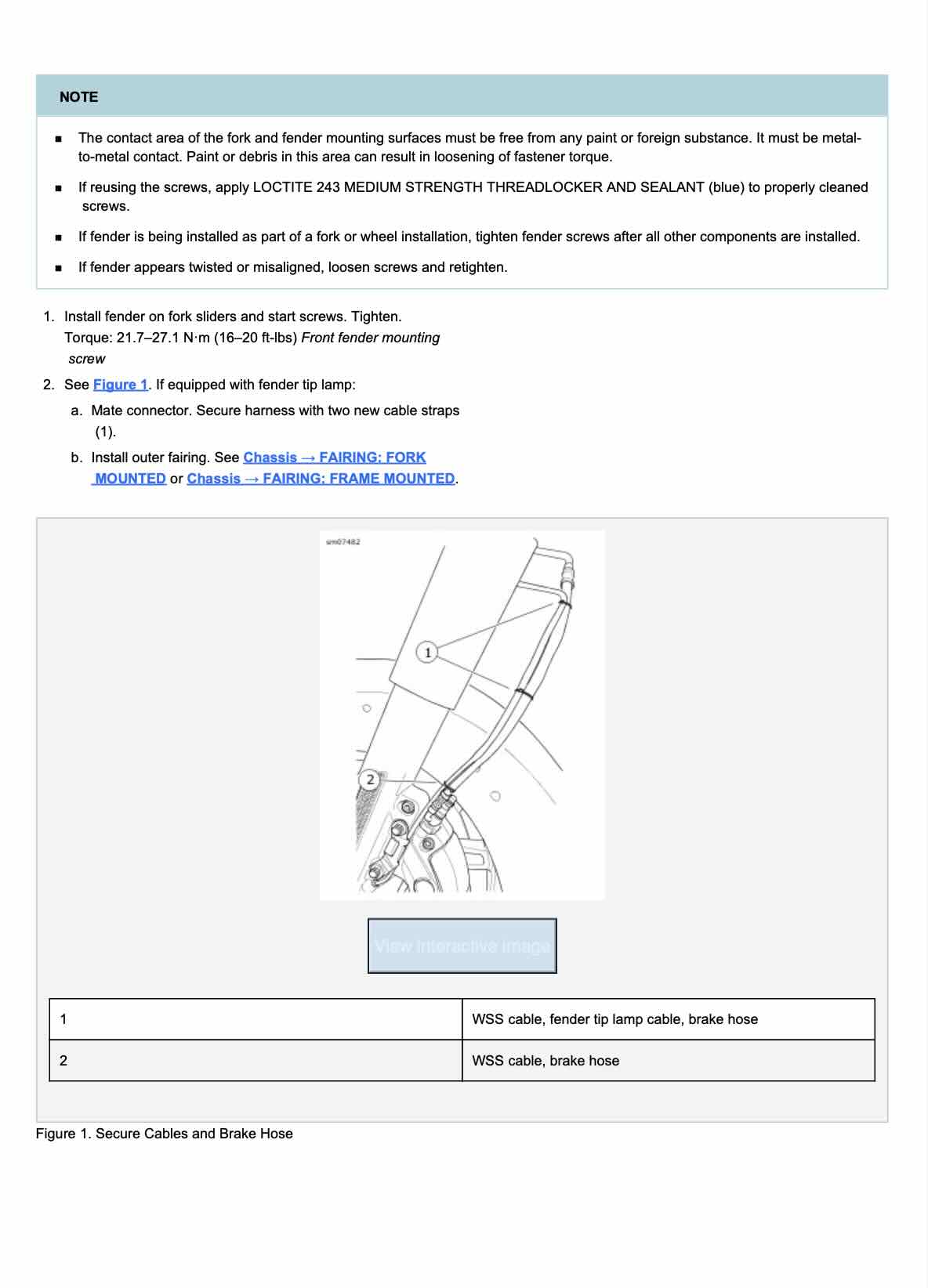2019 Harley Davidson Touring Models service manual front fender mounting torque specs and brake hose cable strap diagram