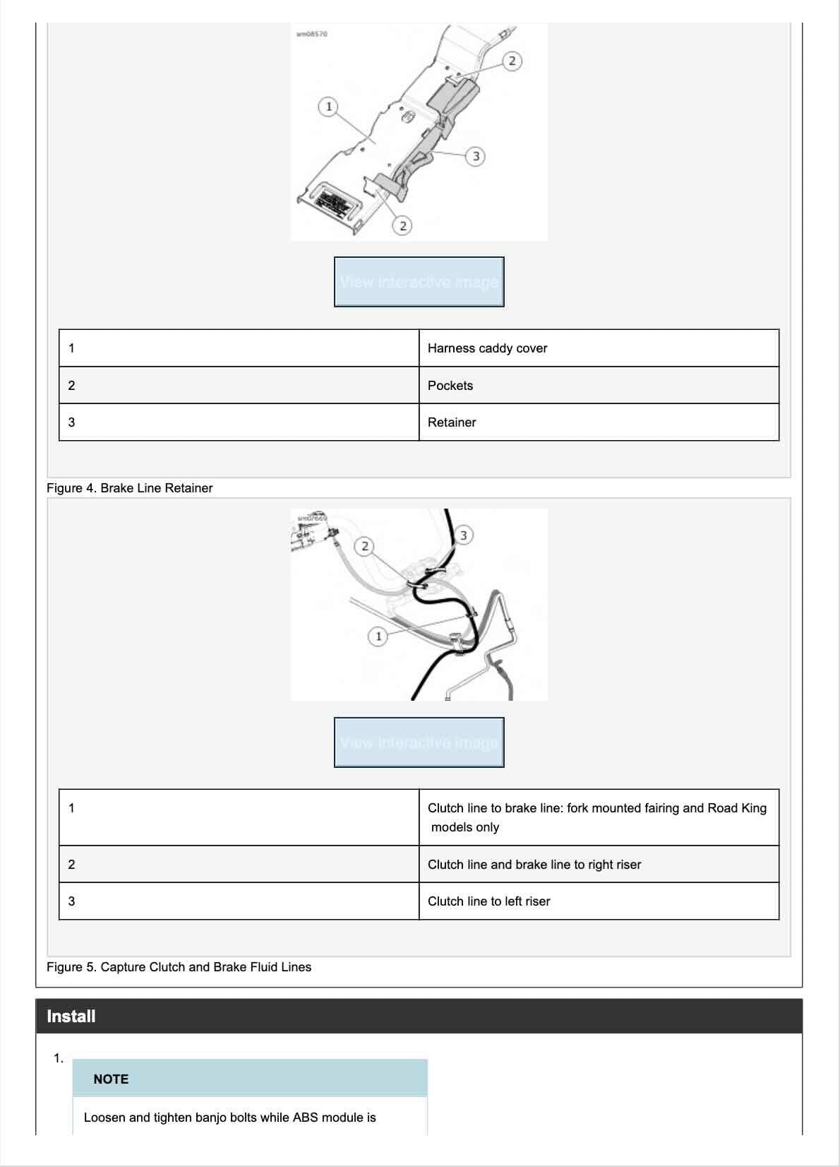 2019 Harley Davidson Touring Models service manual brake line retainer and clutch fluid line routing diagrams with labeled pockets