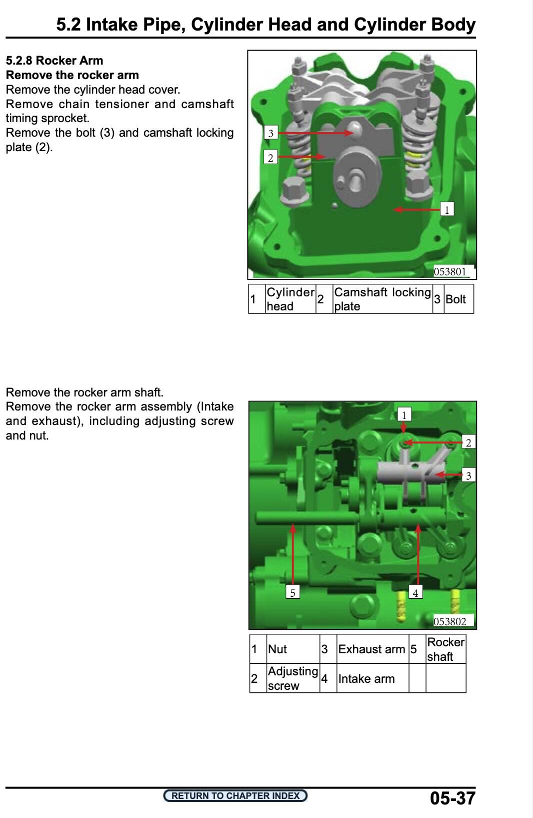 Technical service manual page showing two green exploded-view diagrams of a motorcycle engine component labeled 'Intake Pipe, Cylinder Head and Cylinder Body,' with step-by-step removal instructions and numbered callouts.