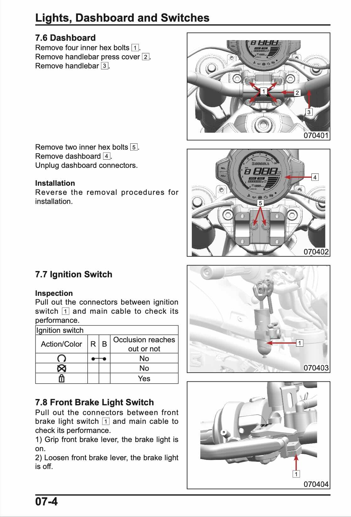 CFMOTO 700CL-X service manual page 07-4 dashboard and ignition switch removal diagrams