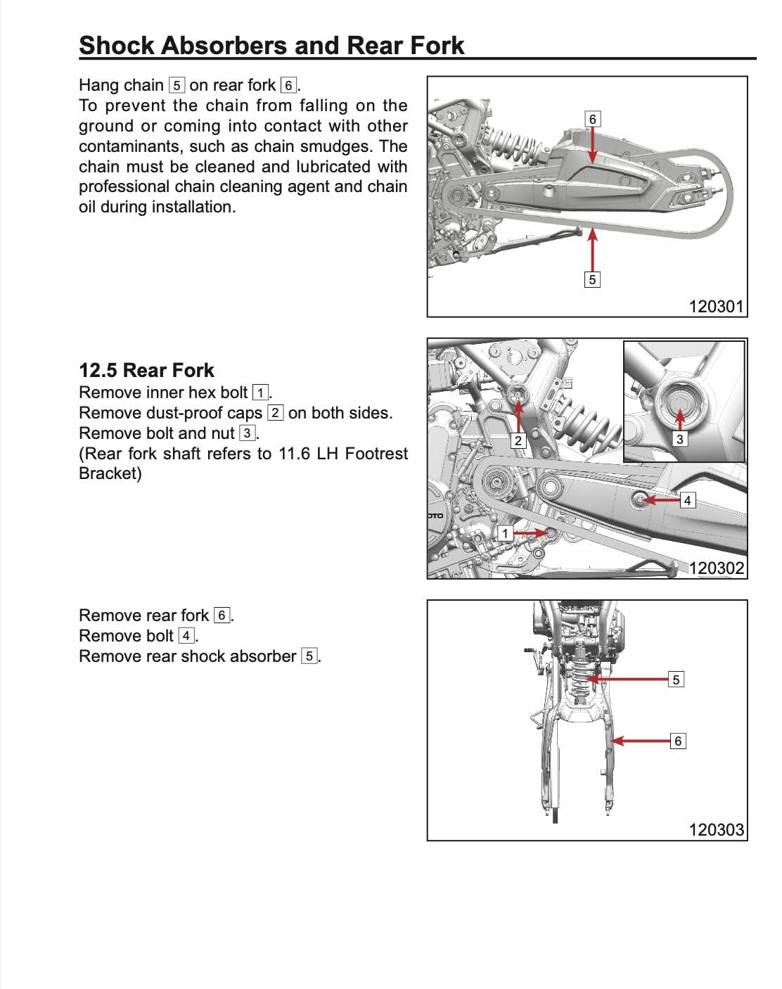 CFMOTO 700CL-X service manual rear fork and shock absorber removal diagrams
