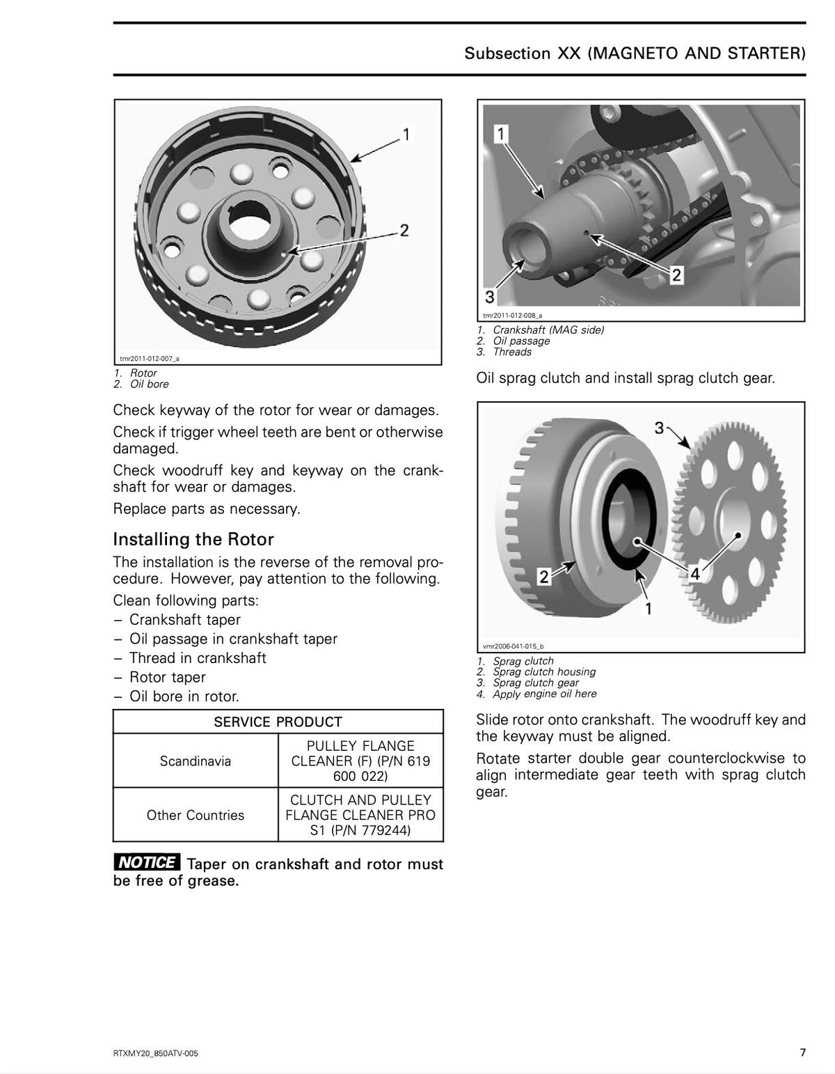 A printed instruction sheet showing numbered diagrams and text for installing a rotor, with parts labeled in cross-section views and a small service information table.