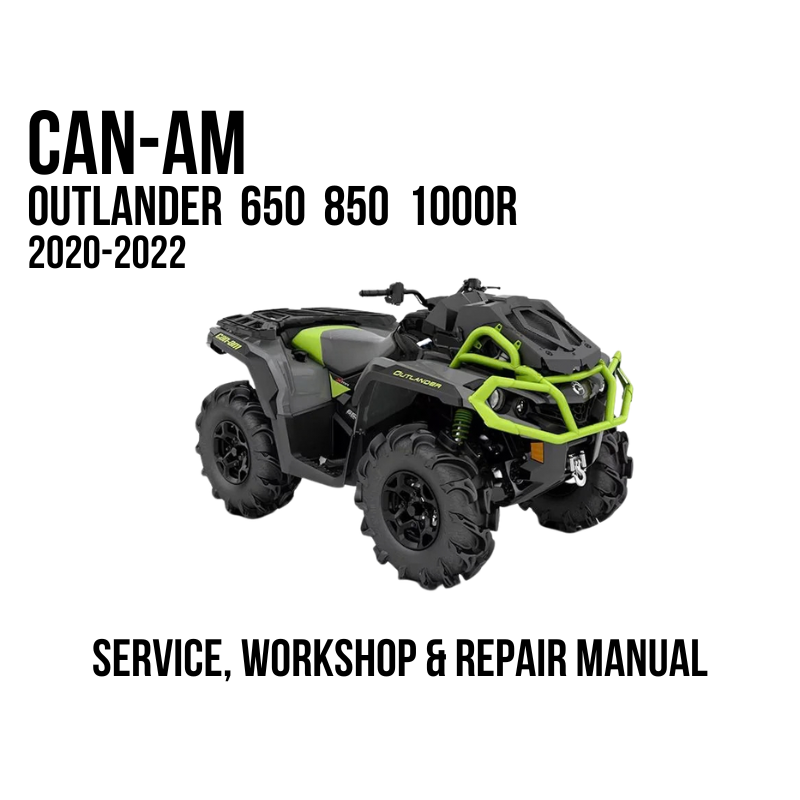 A Can-Am Outlander 650 850 1000R 2020-2022 ATV shown on a white background with text reading 'CAN-AM OUTLANDER 650 850 1000R 2020-2022' and 'SERVICE, WORKSHOP & REPAIR MANUAL'.