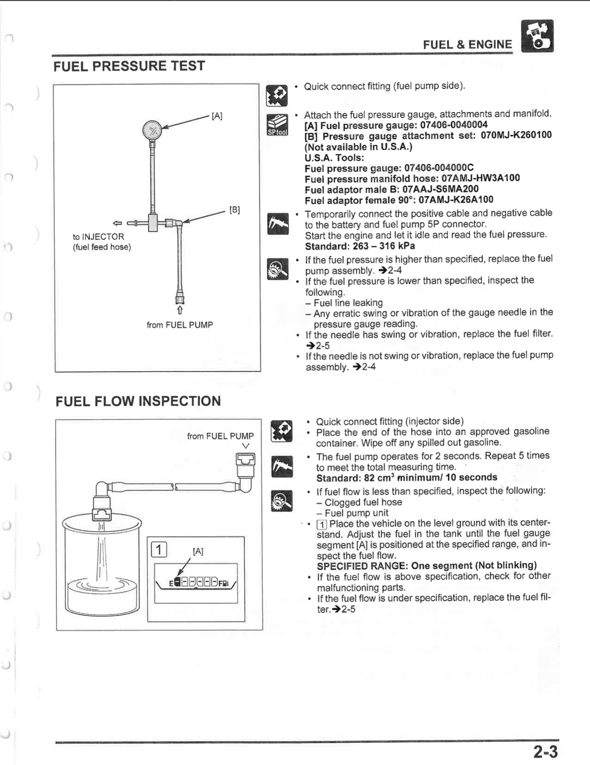 A technical service manual page with labeled diagrams and bullet points for fuel pressure test and fuel flow inspection, including part numbers and connection instructions.