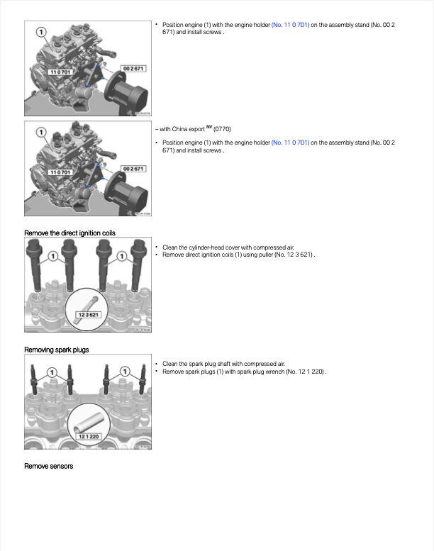 A technical service manual page showing step-by-step instructions and diagrams for removing engine components, including the engine holder, direct ignition coils, spark plugs, and sensors, with numbered callouts and bullet points.