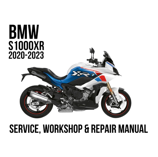 BMW S1000XR 2020-2023 service, workshop & repair manual cover featuring a side profile of the blue, white, and red sport motorcycle on a white background with black text.