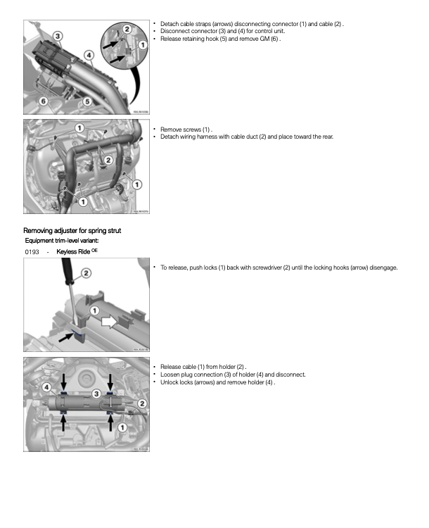 A black-and-white technical service manual page showing how to remove the adjuster for a spring strut on a Keyes ride, with labeled diagrams, callout arrows, and step-by-step instructions.
