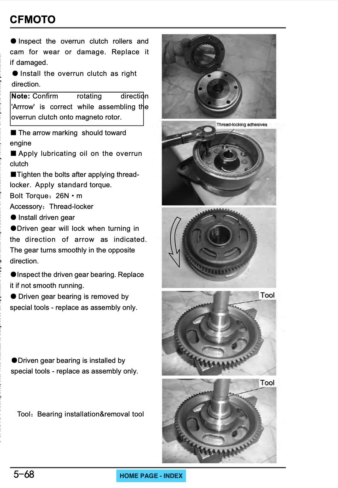 CFMOTO CFORCE service manual page 5-68 with overrun clutch and driven gear installation photos on magneto rotor
