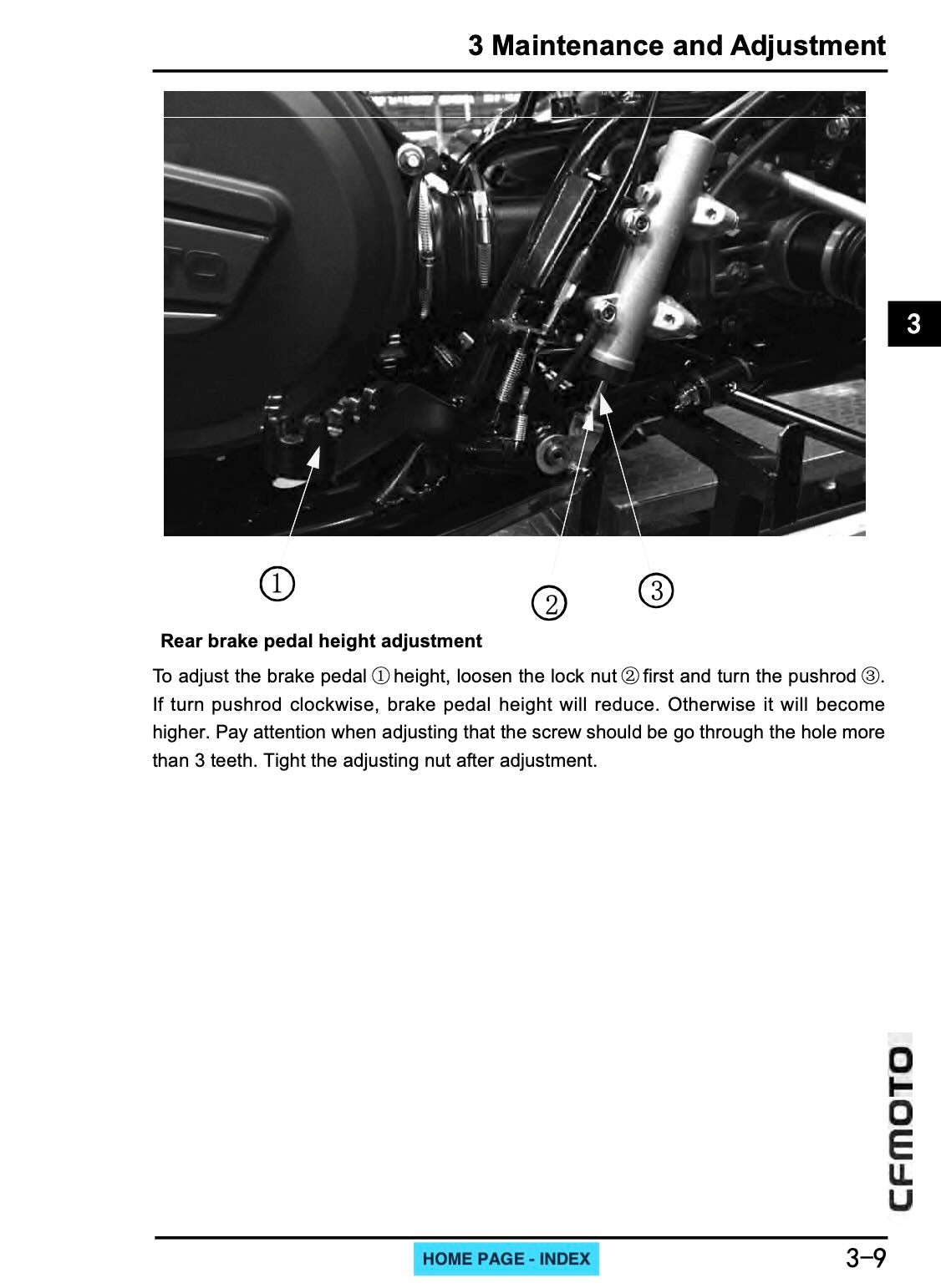 CFMOTO CFORCE service manual page 3-9 with rear brake pedal height adjustment photo showing lock nut and pushrod