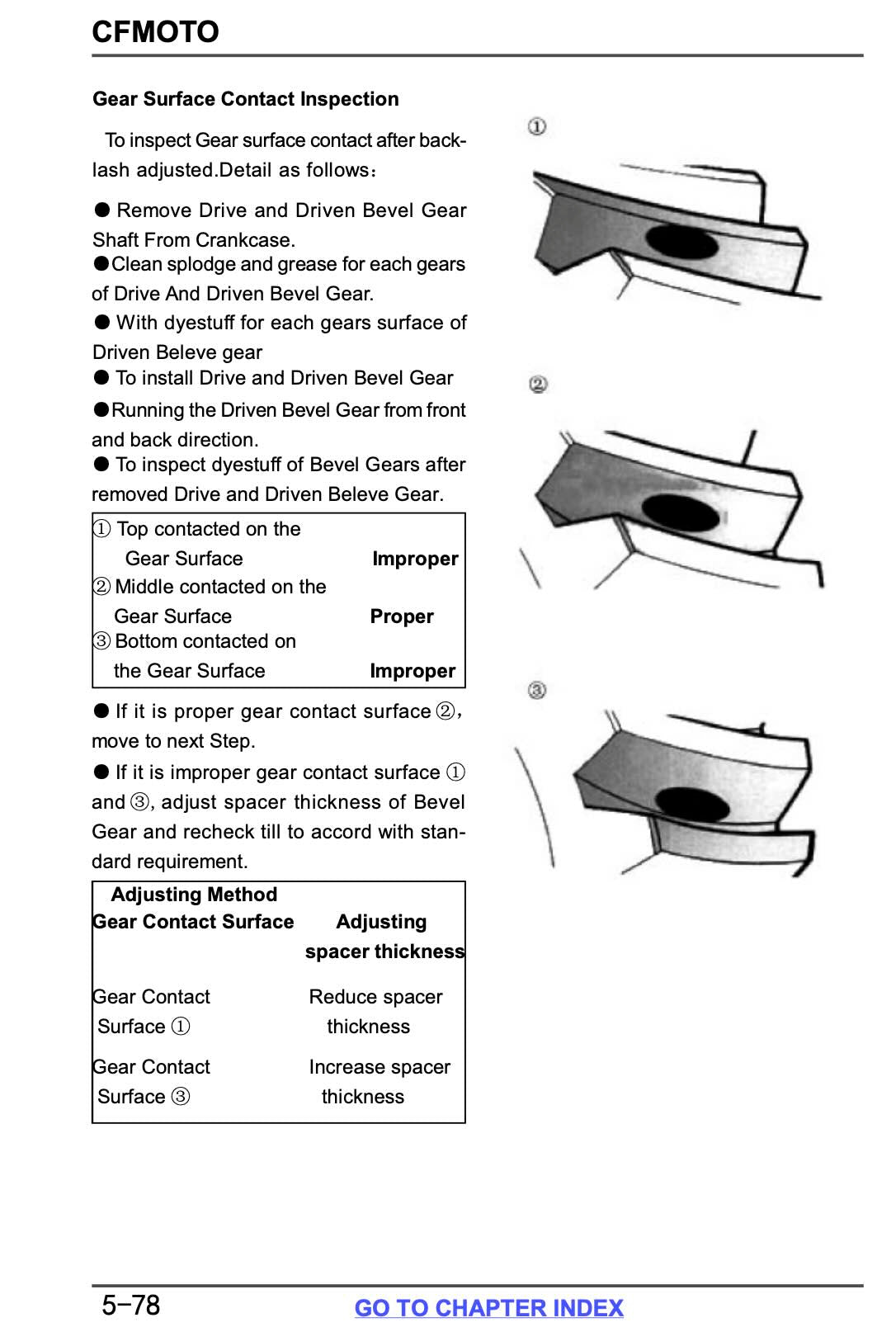 CFMOTO CFORCE service manual page 5-78 with bevel gear surface contact inspection diagrams and spacer adjustment table