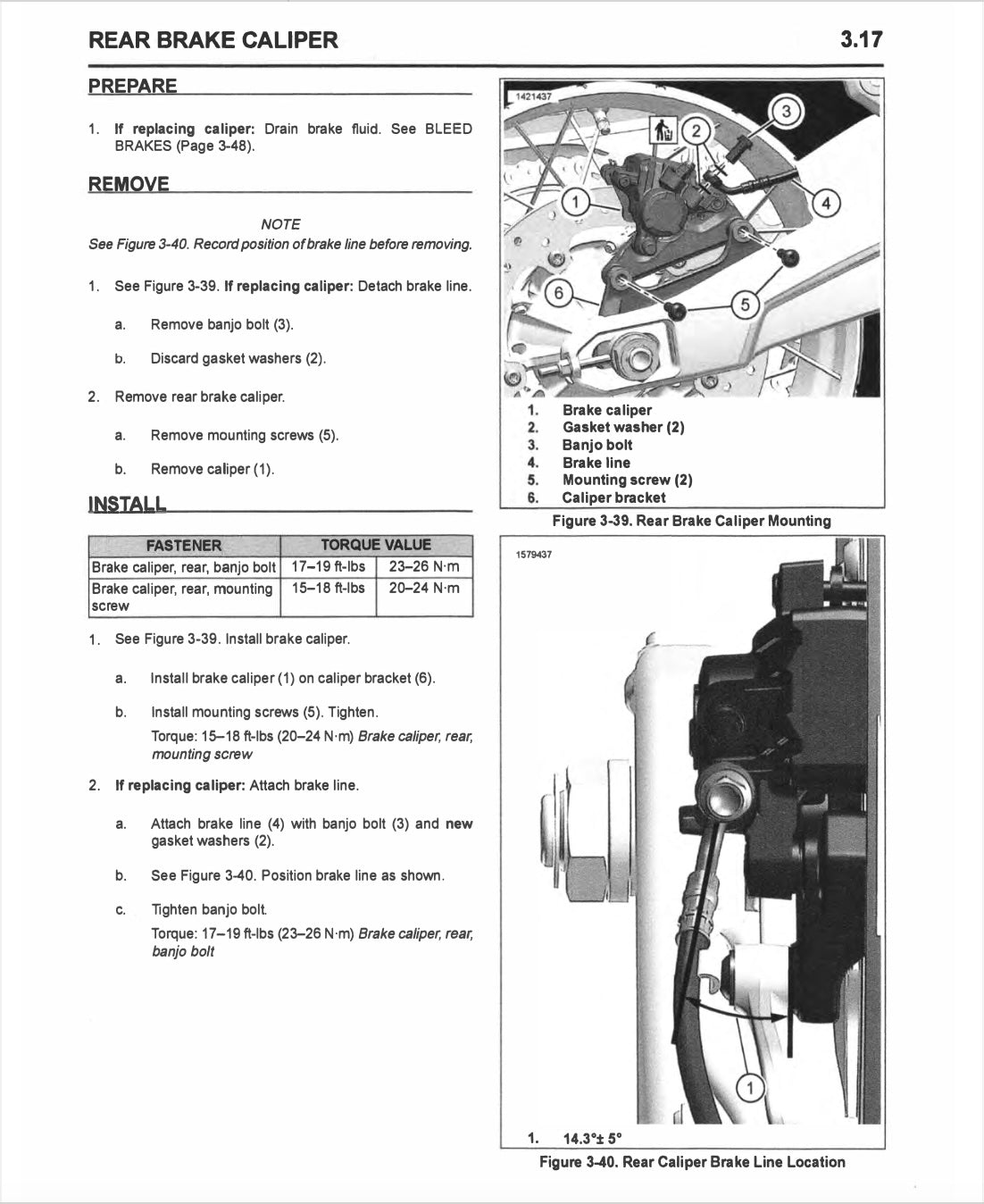 Technical diagram and instructions for replacing a rear brake caliper on a vehicle.