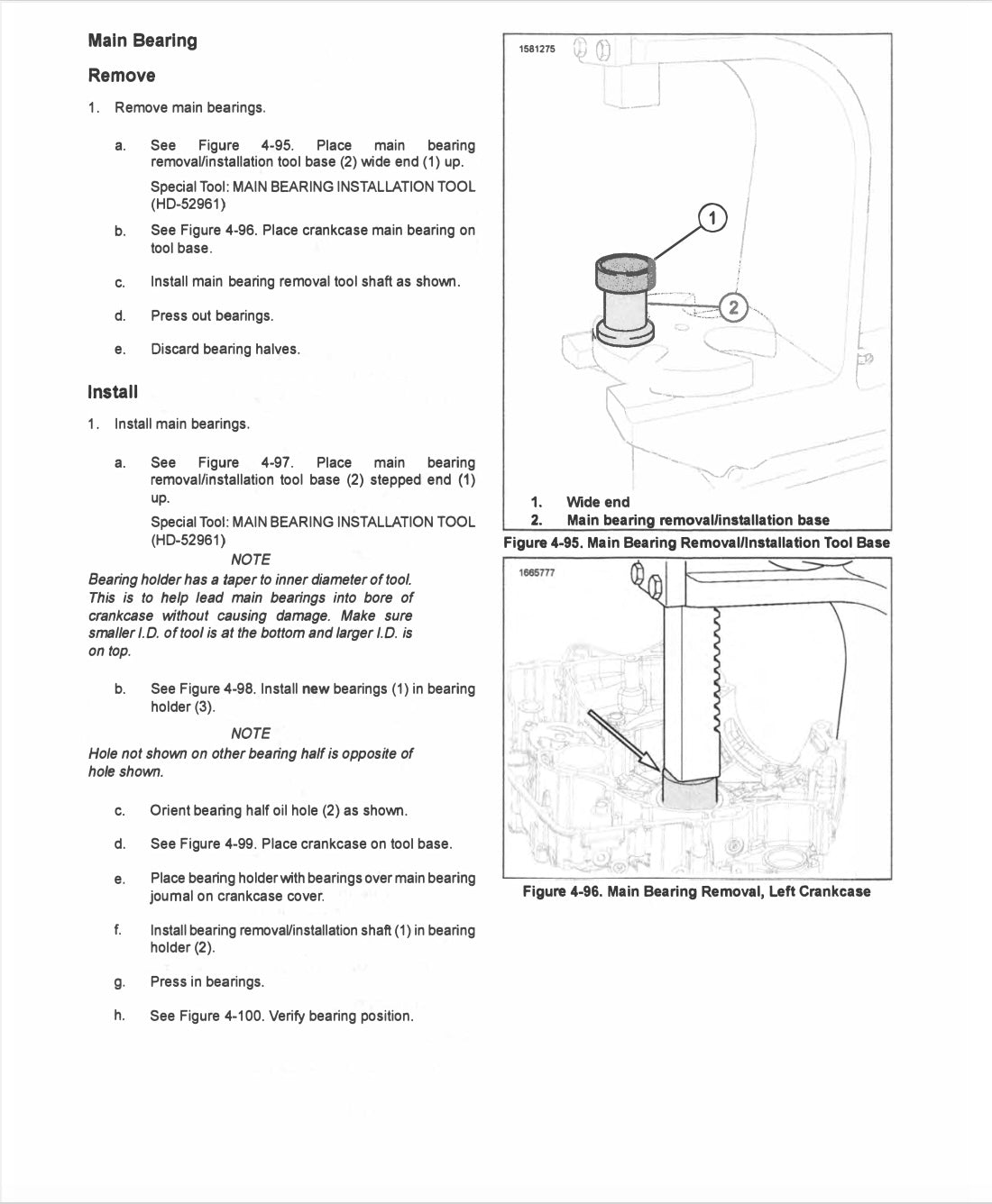 Technical manual page with text and diagrams for main bearing removal and installation.