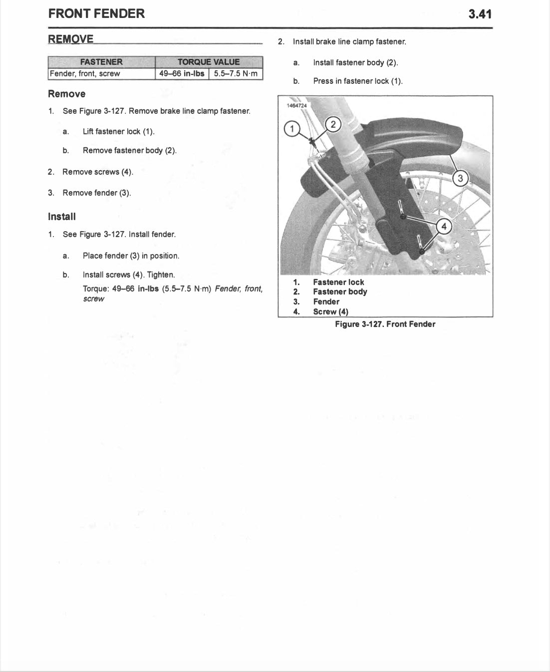 Technical diagram and instructions for removing and installing a motorcycle front fender.