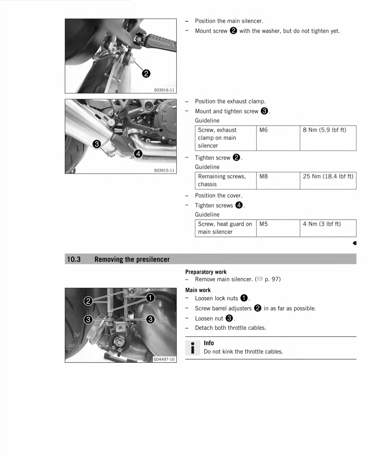 A page from a motorcycle service manual containing diagrams and instructions for removing a silencer, with labeled photos, bullet points, and torque values.