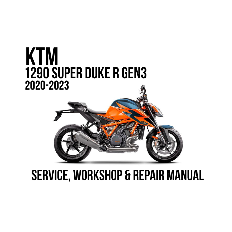 A service and workshop repair manual cover for a Gen3 2020-2023 KTM 1290 Super Duke, featuring a side profile of the motorcycle on a white background with black text.