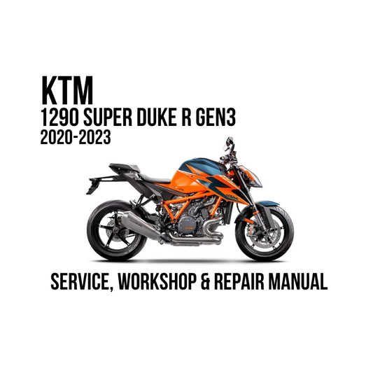 A service and workshop repair manual cover for a Gen3 2020-2023 KTM 1290 Super Duke, featuring a side profile of the motorcycle on a white background with black text.