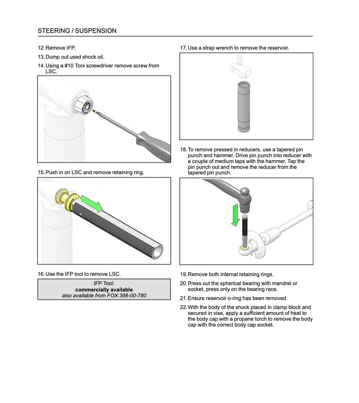 Polaris RZR Pro XP service manual page with shock absorber disassembly steps and diagrams for IFP, LSC and reservoir removal