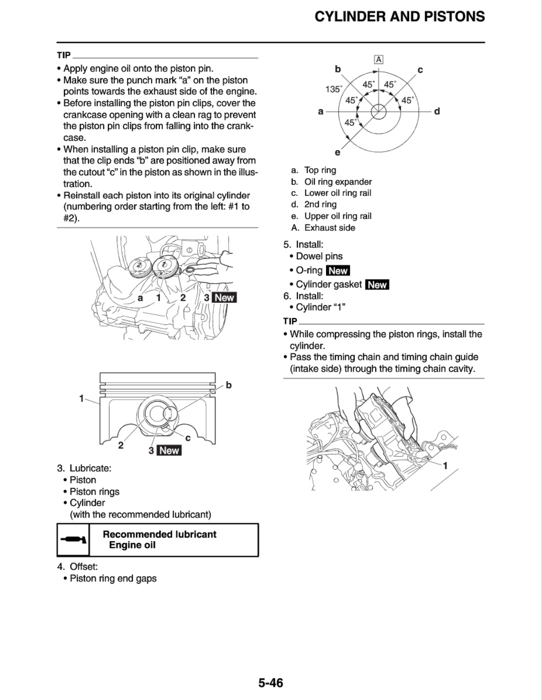 Technical service manual page for cylinder and piston installation, showing labeled diagrams, torque specifications, and installation steps with parts such as piston, piston rings, and cylinder gasket.