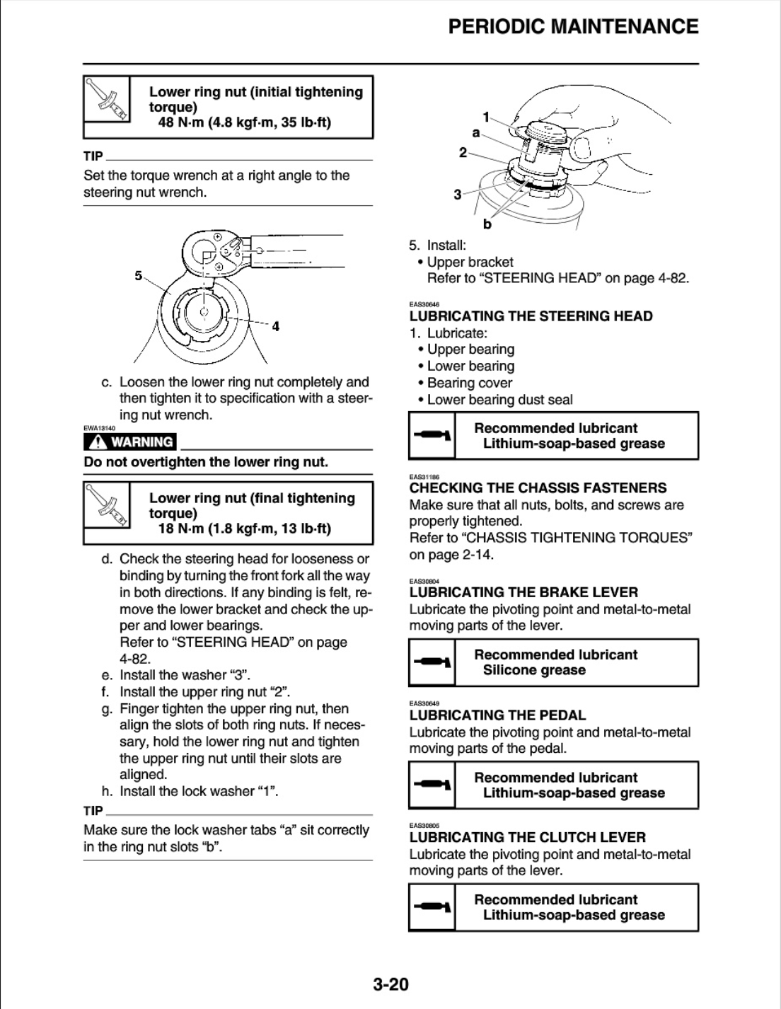 A page from an instruction manual titled 'PERIODIC MAINTENANCE' with numbered steps, diagrams, and text for lubricating a steering head, including torque values and component labels.