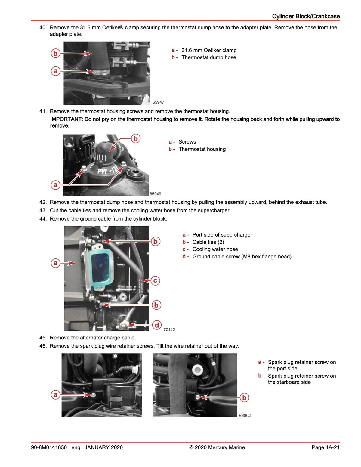 A technical service manual page showing step-by-step removal instructions for a cylinder block crankcase with labeled parts and arrows, on a white background.