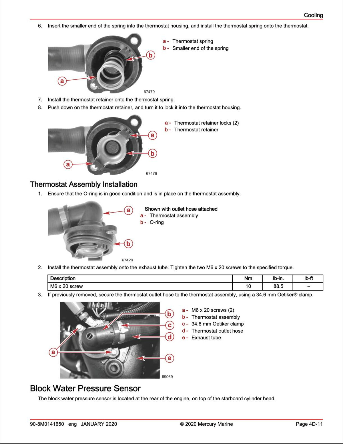 A technical instruction sheet showing step-by-step assembly and installation procedures for a thermostat and a block water pressure sensor, with labeled diagrams, part numbers, and photographs on a white page.