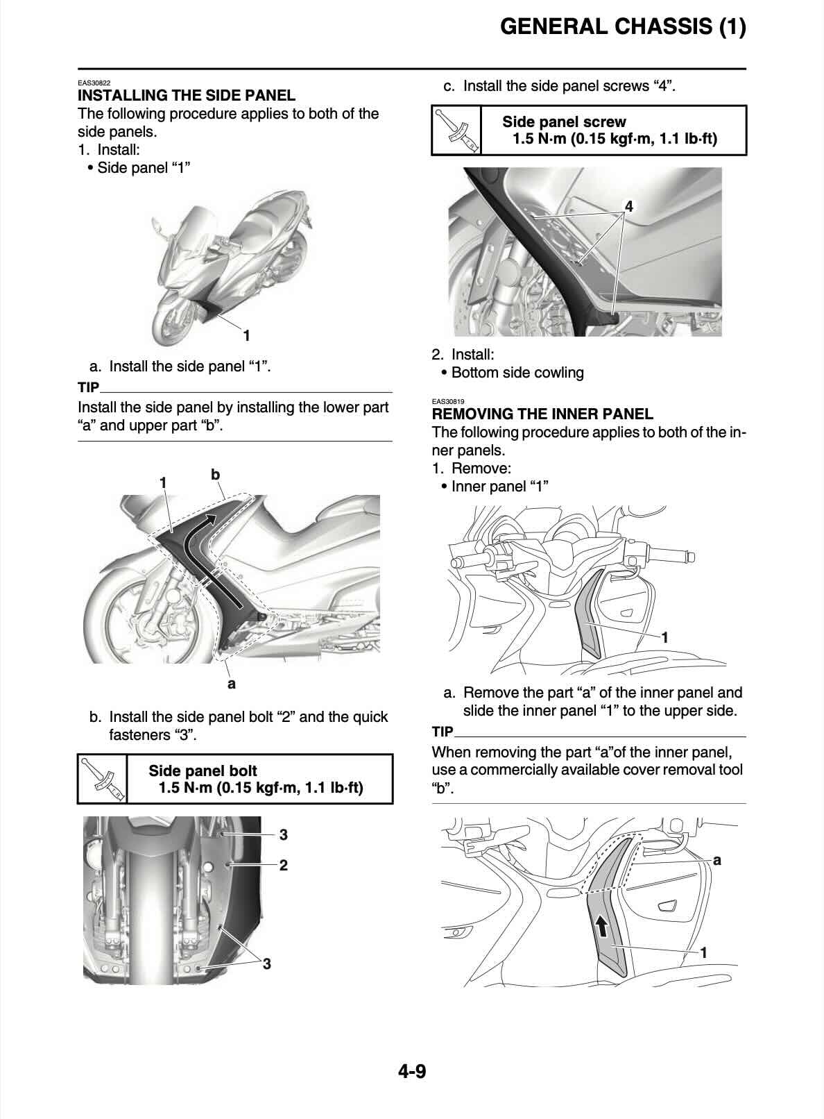 Yamaha TMAX 560 service manual page 4-9 general chassis with side panel installation procedures showing scooter side view, panel bolt and fastener locations, inner panel removal and disassembly with cover removal tool, torque specifications 1.5 N·m