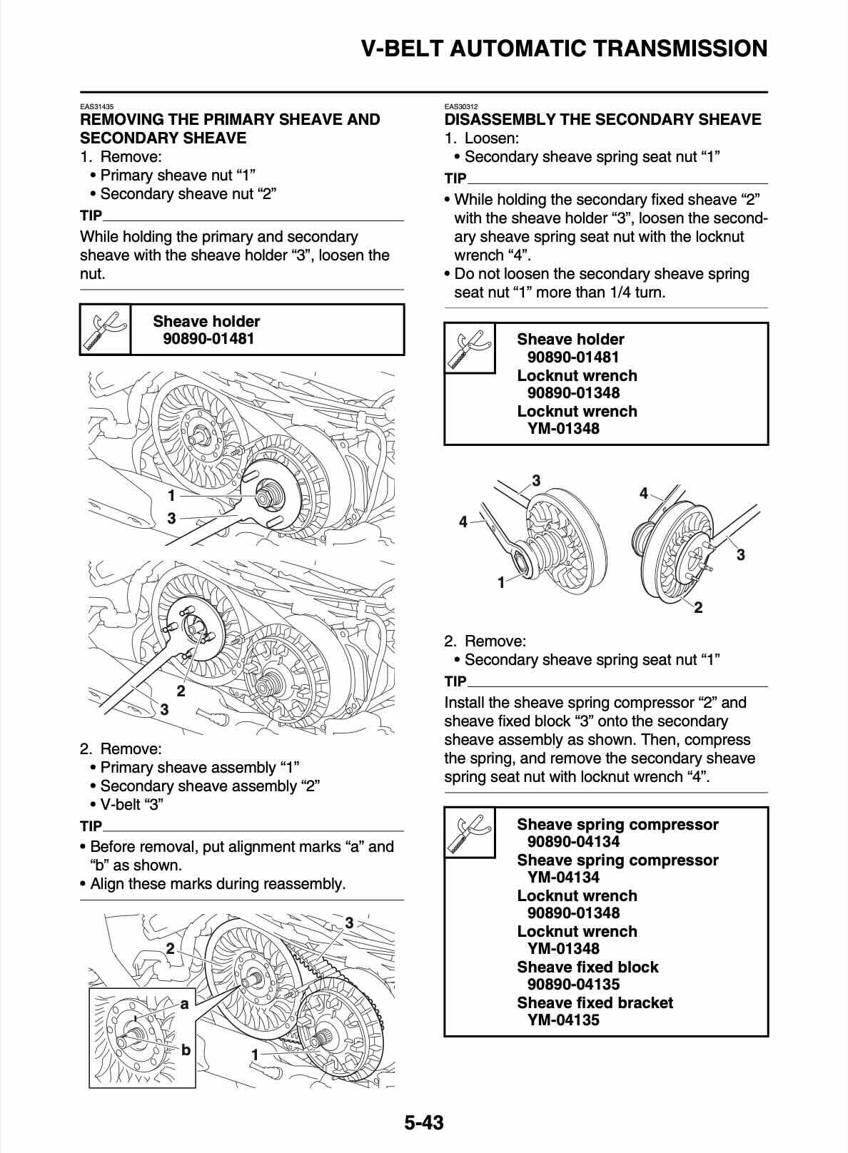 Yamaha TMAX 560 service manual page 5-43 V-belt automatic transmission with primary and secondary sheave removal and disassembly procedures, sheave holder tool 90890-01481, sheave spring compressor and locknut wrench specifications, alignment marks diagram, spring seat nut removal and installation sequence