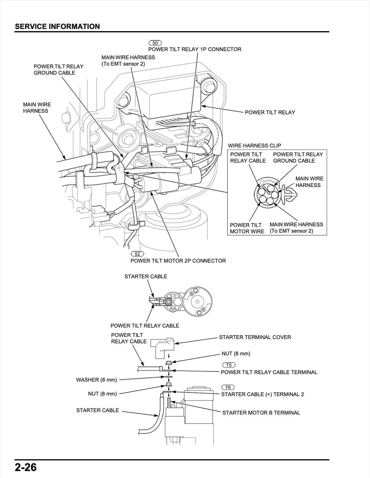 A black and white technical service information diagram showing wiring and connector labels for a power tilt relay and starter cable on a vehicle.