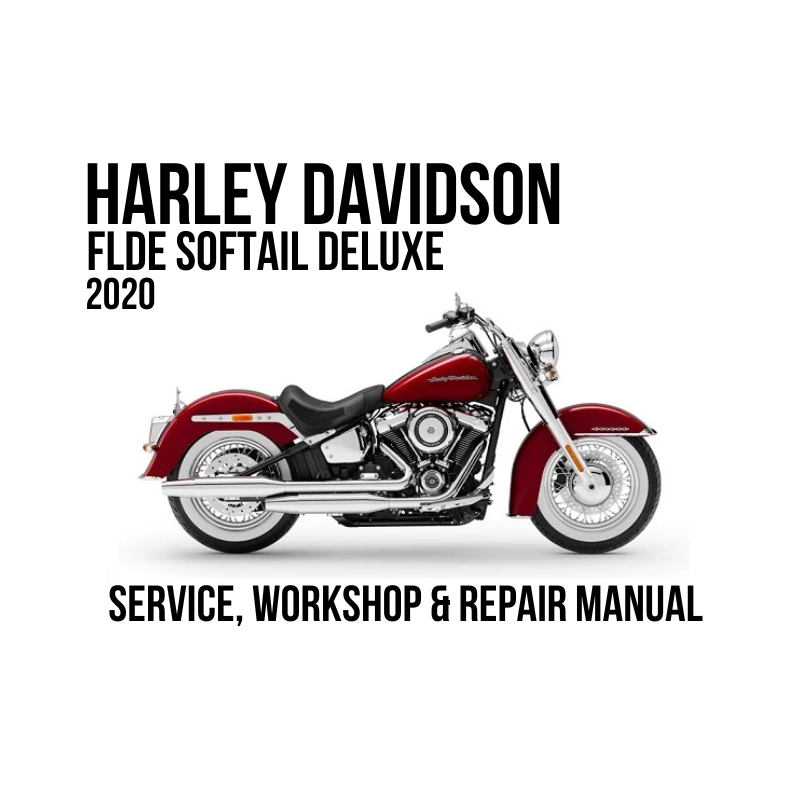 Harley-Davidson FLDE Softail Deluxe 2020 service, workshop & repair manual cover featuring a side profile of a red and chrome motorcycle on a white background with black text.