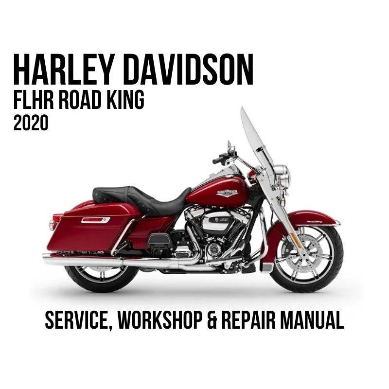 Harley-Davidson FLHR Road King 2020 motorcycle shown in side profile on a white background, with large black text reading 'HARLEY DAVIDSON FLHR ROAD KING 2020' at the top and 'SERVICE, WORKSHOP & REPAIR MANUAL' at the bottom.