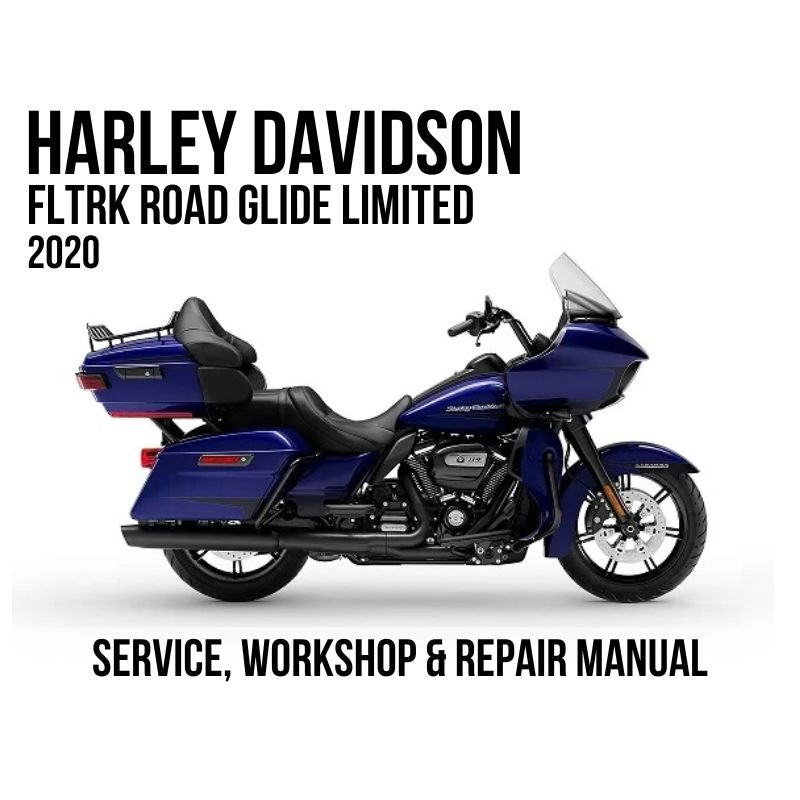 Harley-Davidson FLTRK Road Glide Limited 2020 motorcycle shown in side profile on a white background, with large black text reading 'HARLEY DAVIDSON FLTRK ROAD GLIDE LIMITED 2020' at the top and 'SERVICE, WORKSHOP & REPAIR MANUAL' at the bottom.