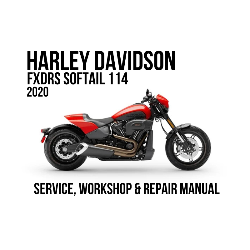 Harley-Davidson FXDRS Softail 114 2020 motorcycle shown in side profile on a white background, with large black text reading 'HARLEY DAVIDSON FXDRS SOFTAIL 114 2020' above and 'SERVICE, WORKSHOP & REPAIR MANUAL' below.