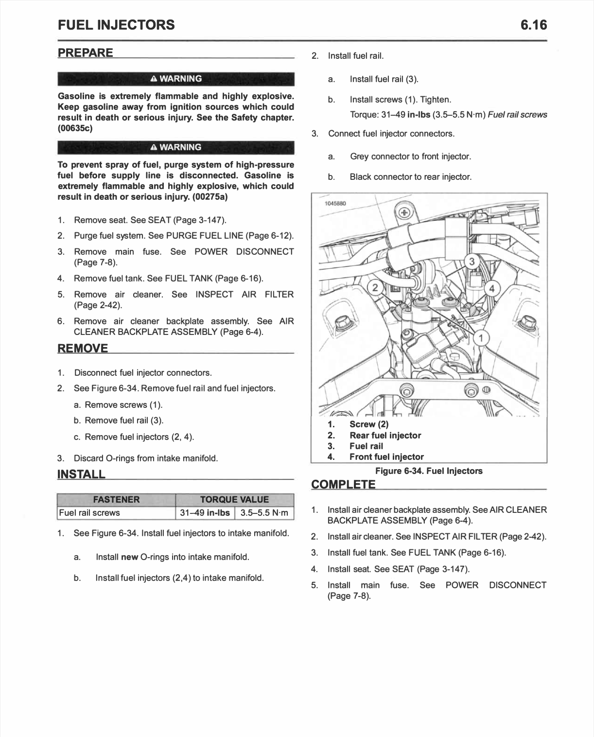 A printed installation and removal guide page for fuel injectors, with warning labels, numbered steps, and diagrams showing how to disconnect and install fuel injectors on a motorcycle fuel tank.