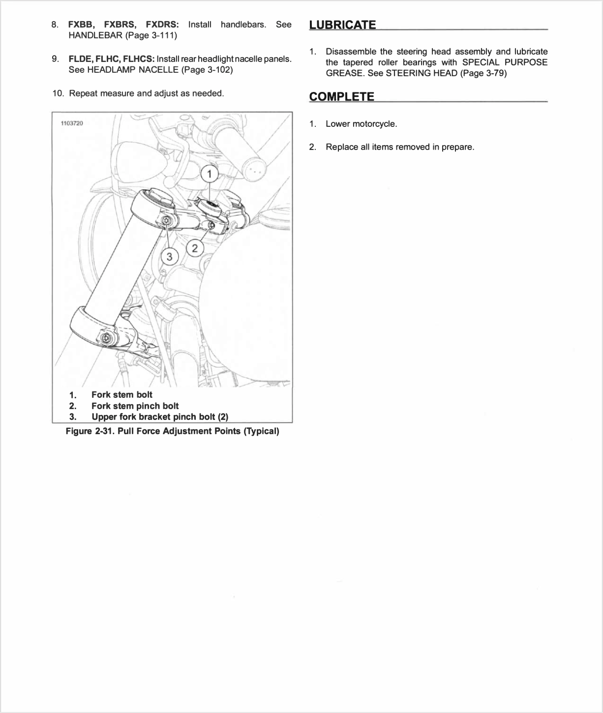 A black and white printed page from a motorcycle service manual, featuring a numbered instruction list under the heading 'LUBRICATE' and a technical line drawing with callouts for fork stem bolt, fork stem pitch bolt, and upper fork bracket pinch bolt.