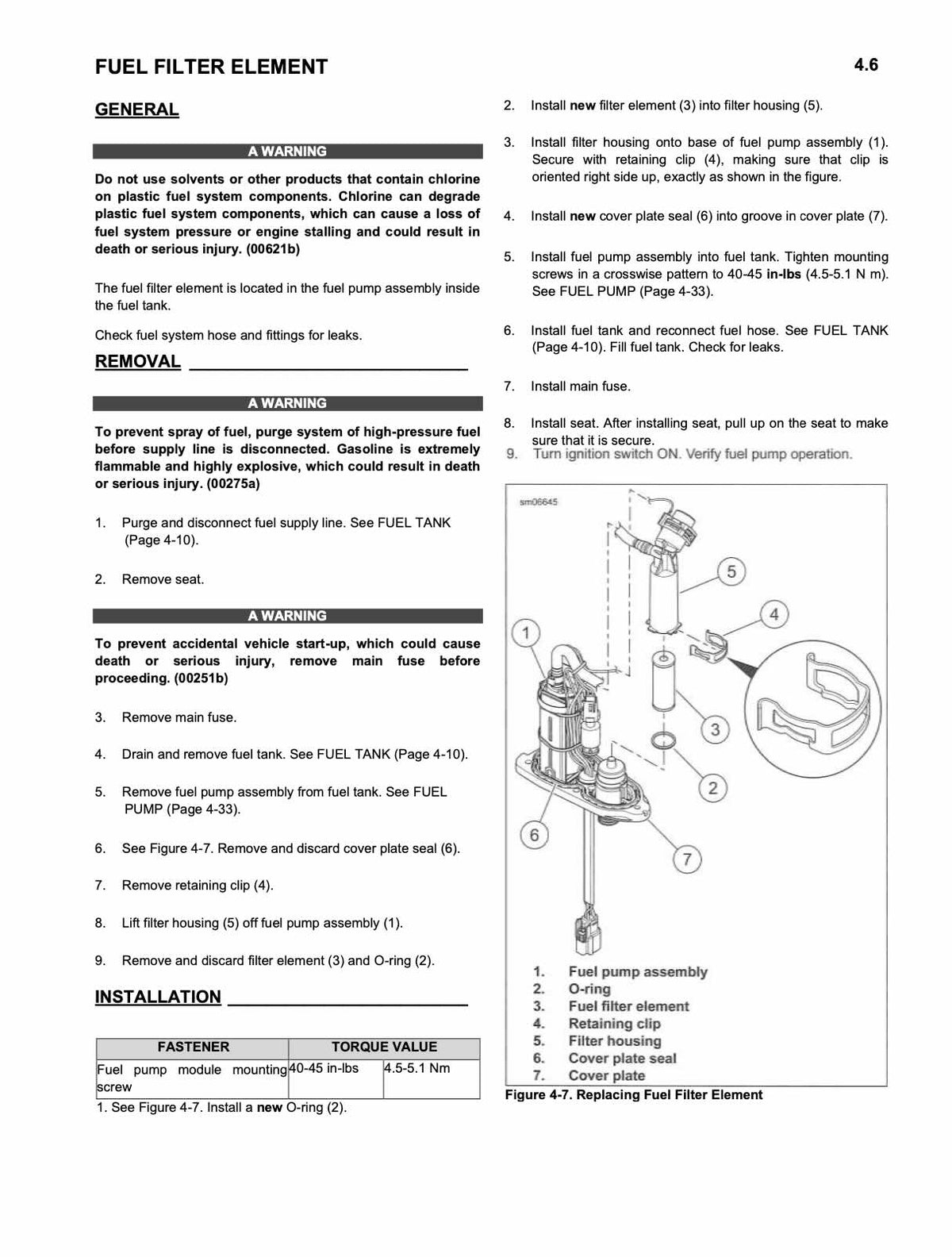 2020 Harley Davidson Sportster Models service manual page 4.6 fuel filter element replacement diagram and warnings