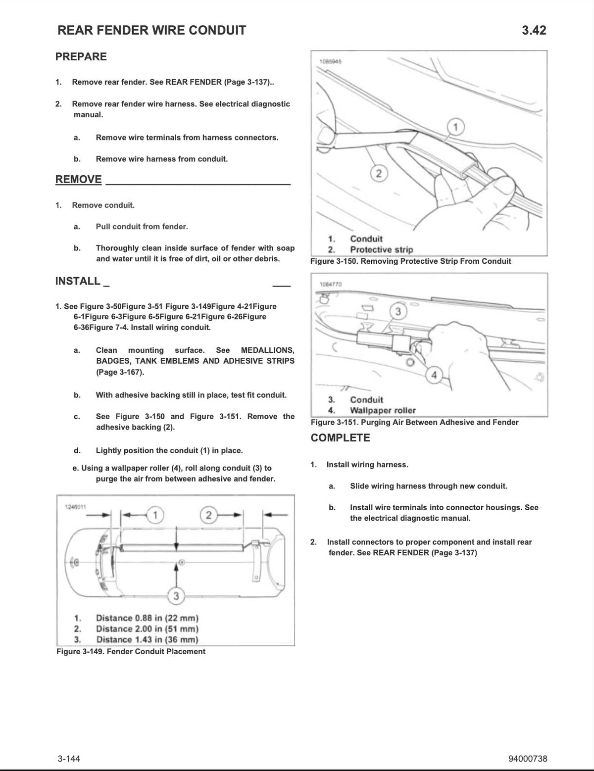 Instruction sheet titled 'REAR FENDER WIRE CONDUIT' with numbered steps, diagrams, and fitment measurements for installing wire conduit on a vehicle rear fender.