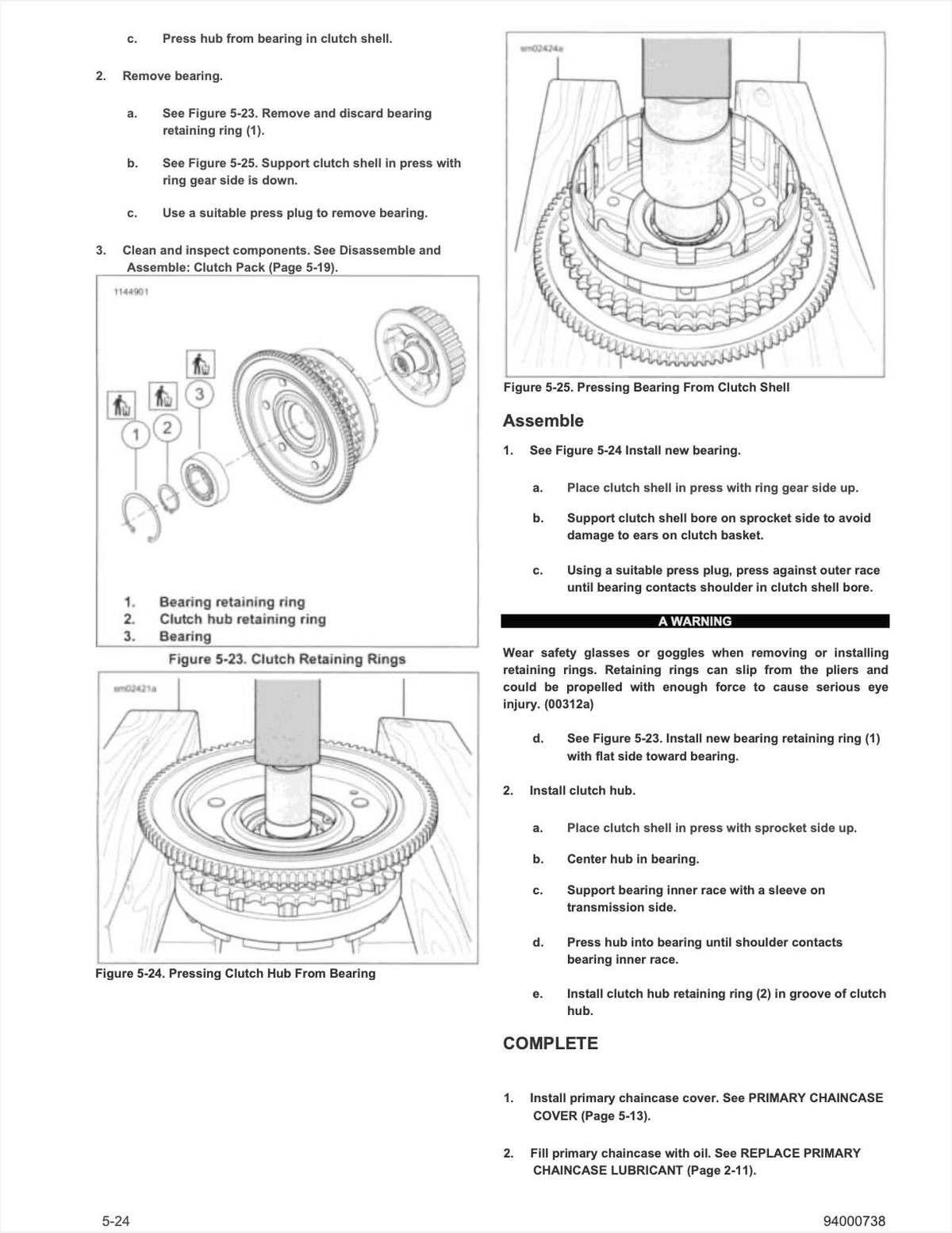 A printed assembly instruction sheet showing diagrams and step-by-step instructions for installing and assembling clutch components, including bearing, clutch hub, and retaining rings.