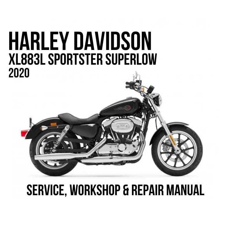 Harley-Davidson XL883L Sportster Superlow 2020 motorcycle service, workshop, and repair manual cover image showing a black and chrome motorcycle on a white background with black text.