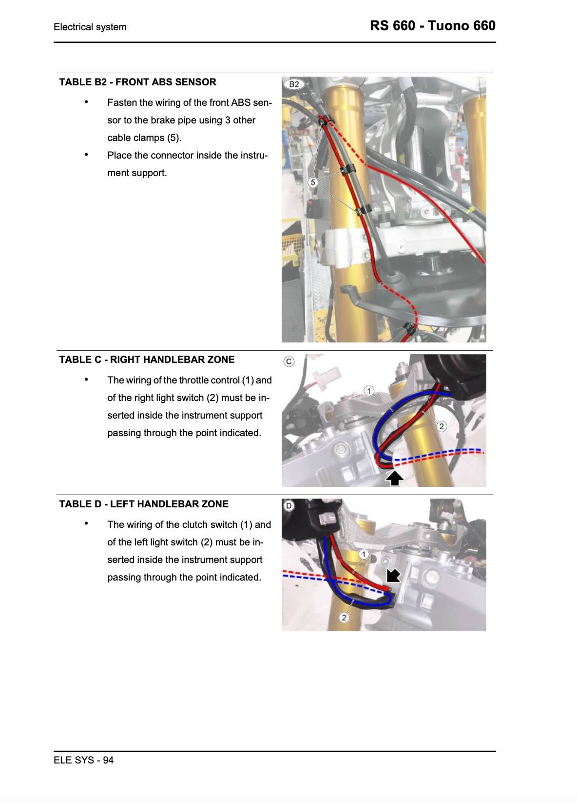 Aprilia Tuono 660 service manual page ELE SYS-94 front ABS sensor and handlebar wiring routing