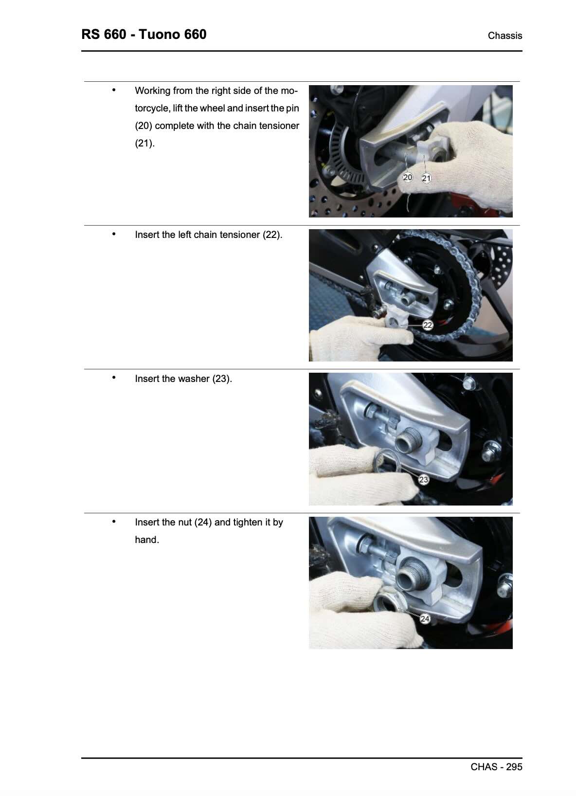 Aprilia Tuono 660 service manual page CHAS-295 rear wheel chain tensioner installation photos