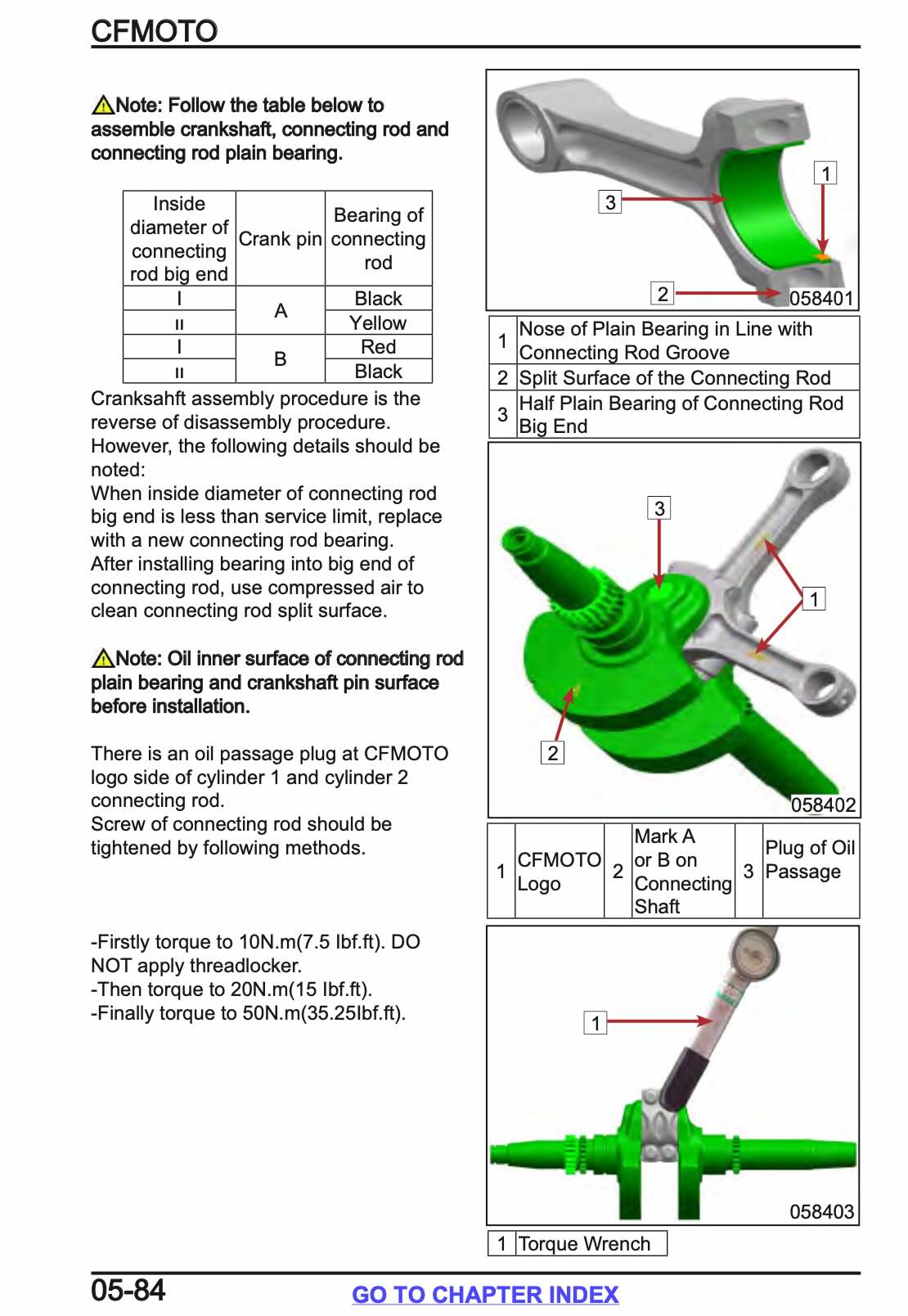 CFMOTO CFORCE service manual page 05-84 with connecting rod plain bearing color codes and crankshaft assembly torque sequence