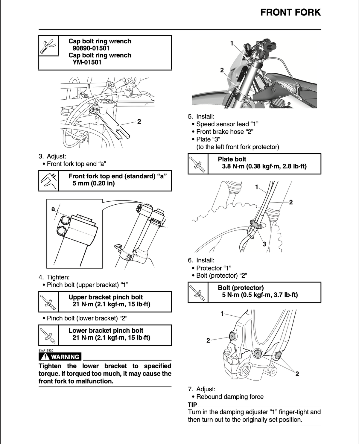 A black and white technical instruction sheet showing step-by-step guide for adjusting a front fork, with numbered instructions, torque values, and part identification.