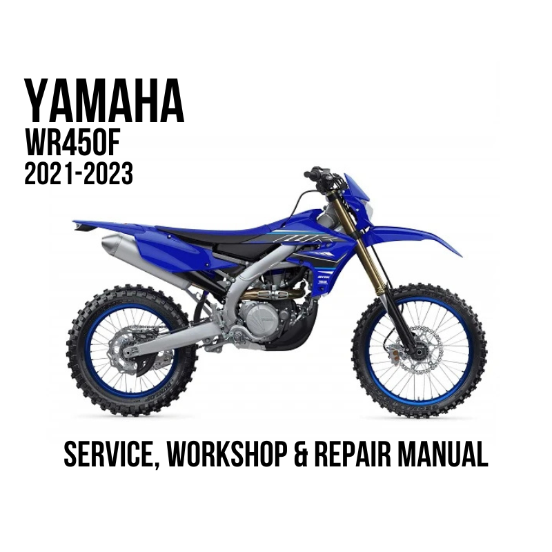 2021-2023 Yamaha WR450F service, workshop, and repair manual cover featuring a blue dirtbike on a white background with black text.